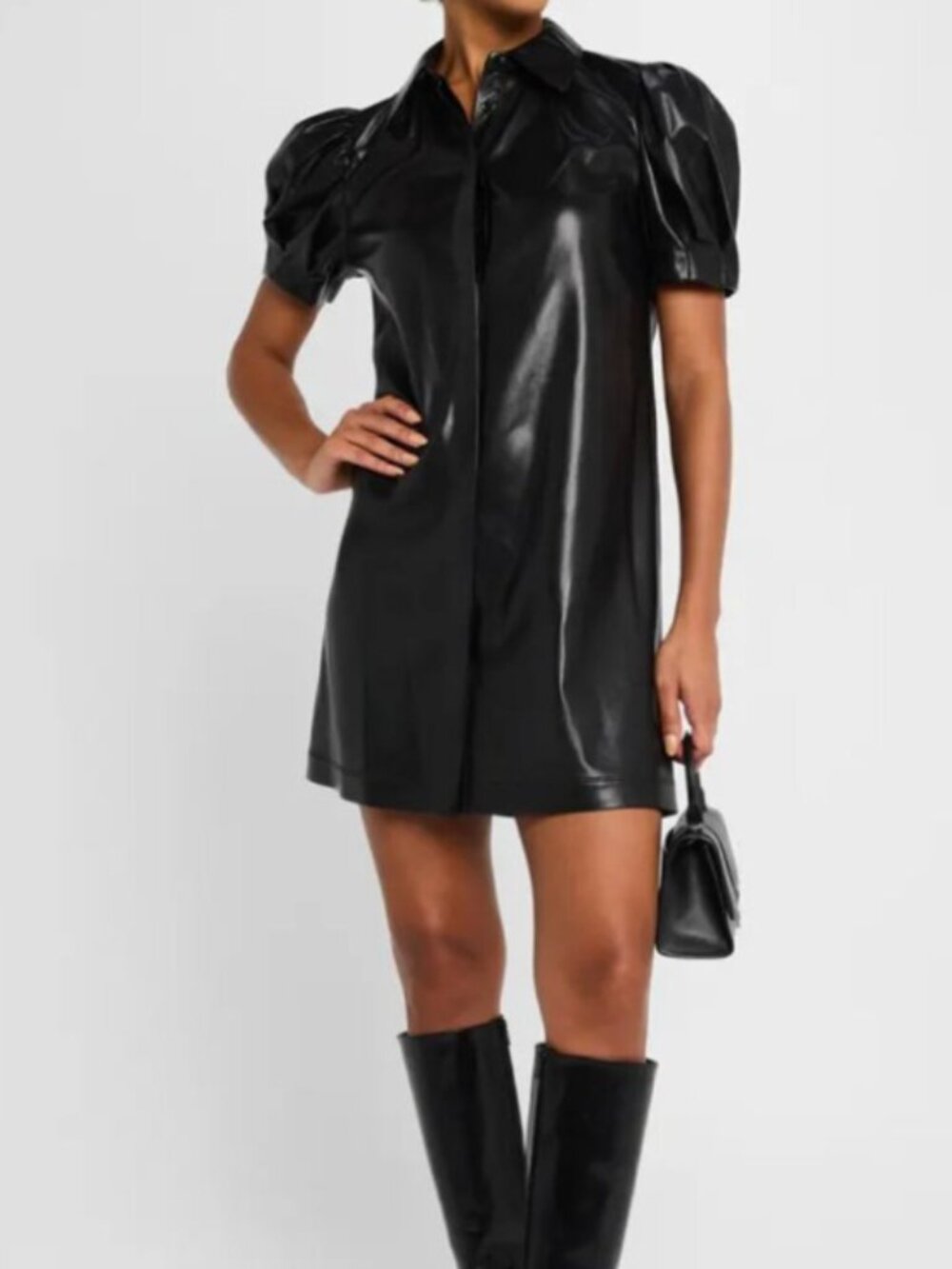Alice + Olivia Medium BLACK FAUX LEATHER JEM SHIRT DRESS BUBBLE SLEEVES MINI EUC